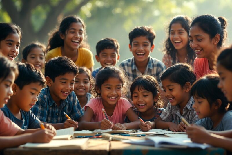 children and adults learning together outdoors in afternoon light