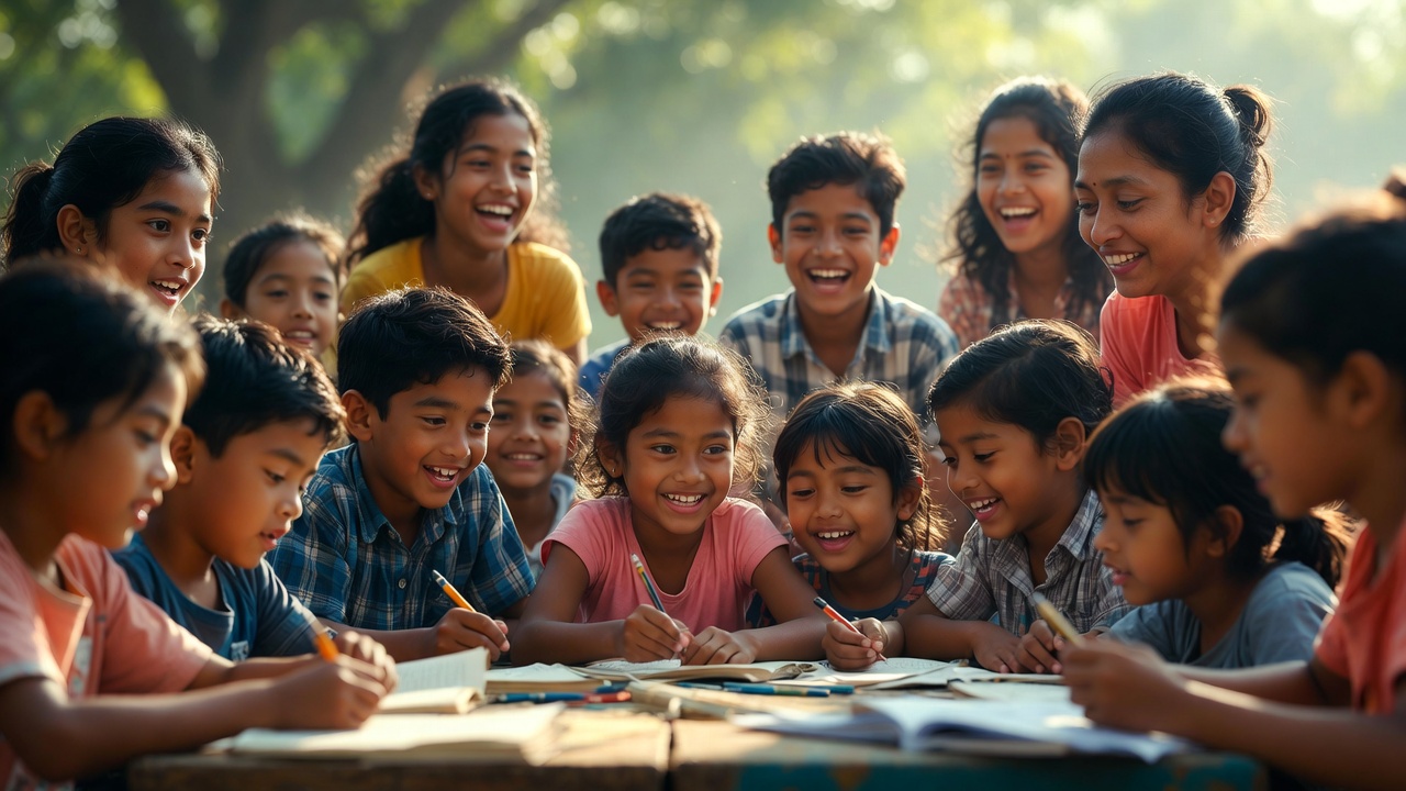 children and adults learning together outdoors in afternoon light