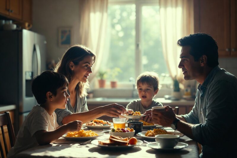 family sharing breakfast together in morning sunlight