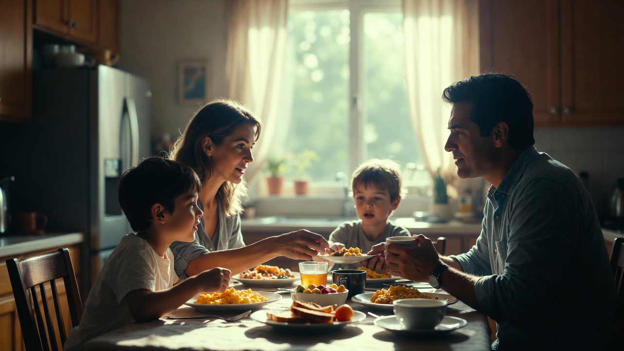 family sharing breakfast together in morning sunlight
